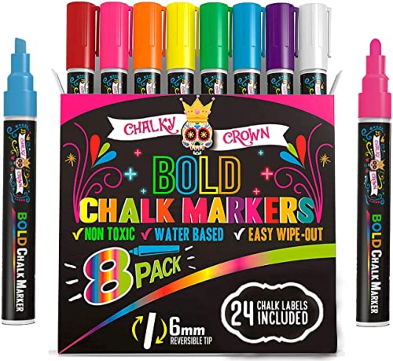 Dry Erase Marker Pens for Chalkboards, Signs, Windows, Blackboard, Glass, Mirrors - Chalkboard Markers with Reversible Tip (8 Pack) - (Multicolored, 6mm)